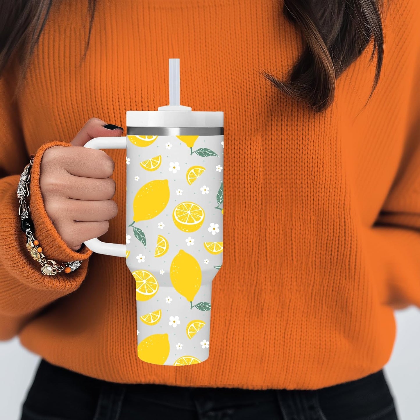 Lemon Gifts.40oz Lemon Tumbler with Handle.Lemon Lover Cup Gift.Birthday Christmas Lemons Tumblers Gift for Women Men.
