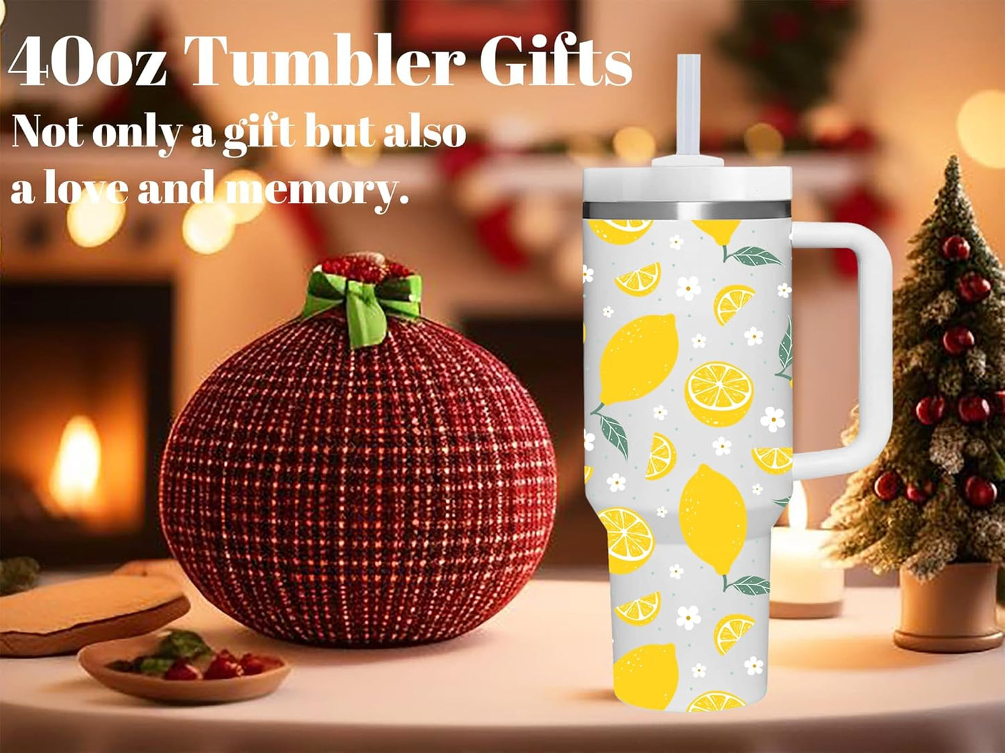 Lemon Gifts.40oz Lemon Tumbler with Handle.Lemon Lover Cup Gift.Birthday Christmas Lemons Tumblers Gift for Women Men.