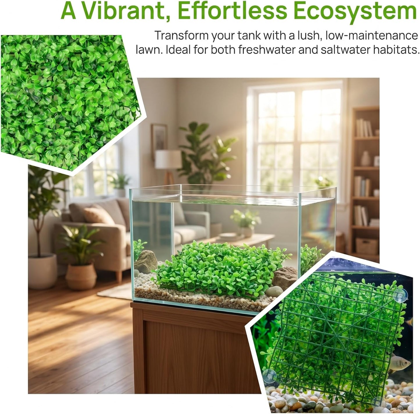Aquarium Decorations Grass Artificial Plastic Lawn 10 inches Square Landscape Green Plants,Easy to Clean Landscape Ornament Realistic Faux Water Grass,with 8 Pcs Suction Cups