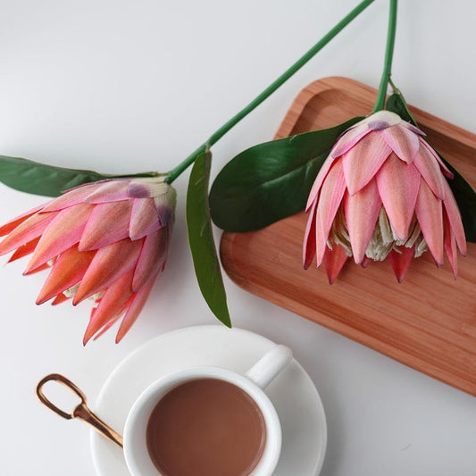 Artificial Flowers Fake Silk Protea Cynaroides Plastic Flower Arrangements Decor Bouquet for Wedding Table Centerpieces 3pcs (Pink Orange)