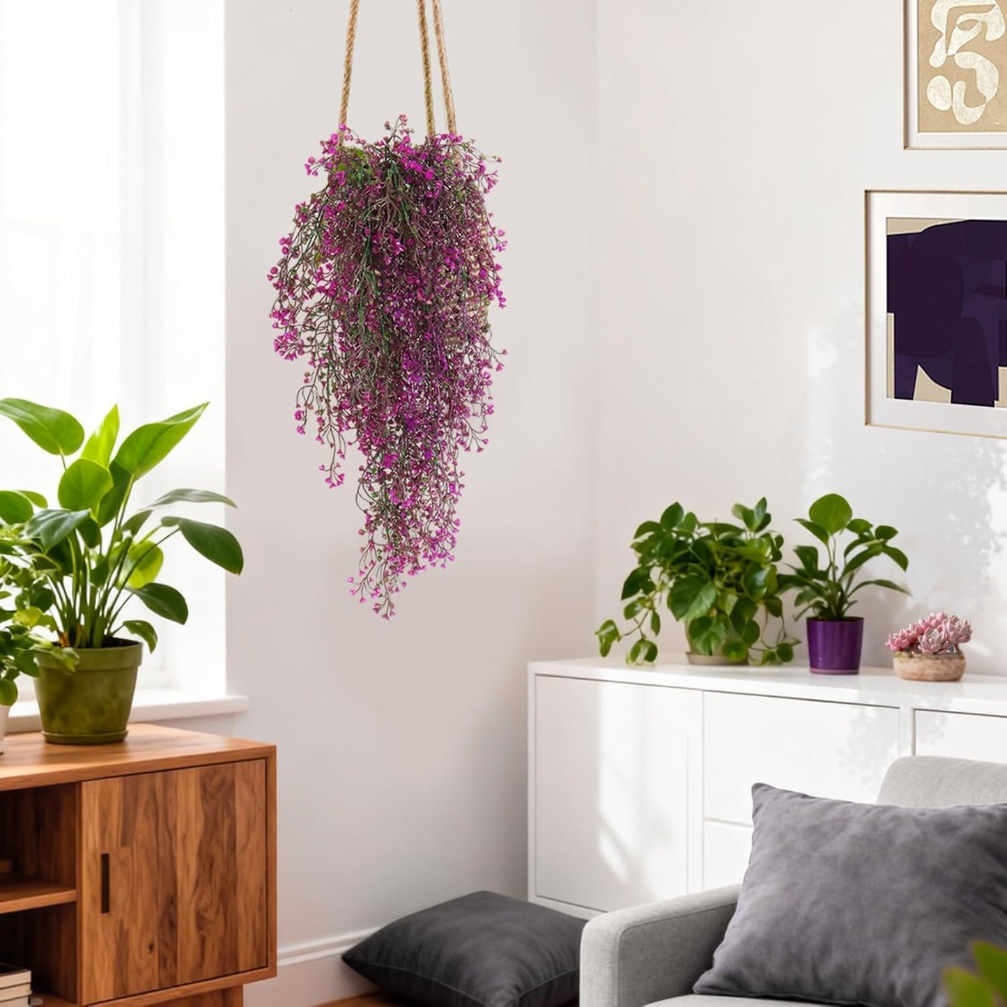 Artificial Hanging Plants,4 Pcs Fake Hanging Plants for Outdoors | Purple Faux Hanging Plants fo Outdoor Planters,Spring Fall Decor,Lifelike Natural Fake Plant to Brighten Up Your Home