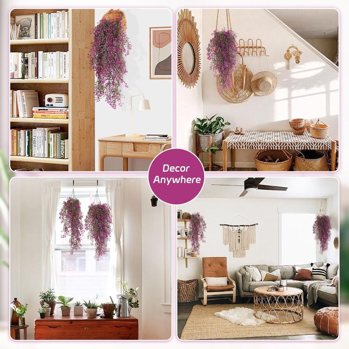 Artificial Hanging Plants,4 Pcs Fake Hanging Plants for Outdoors | Purple Faux Hanging Plants fo Outdoor Planters,Spring Fall Decor,Lifelike Natural Fake Plant to Brighten Up Your Home