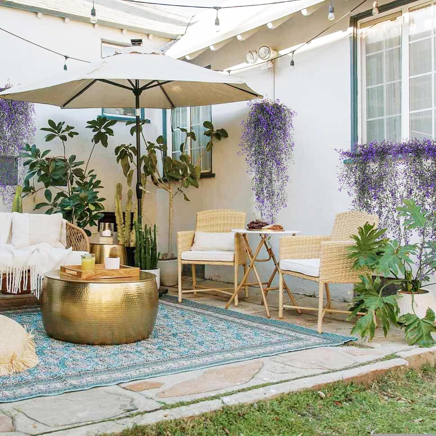 Artificial Hanging Plants,4 Pcs Fake Hanging Plants for Outdoors | Purple Faux Hanging Plants fo Outdoor Planters,Spring Fall Decor,Lifelike Natural Fake Plant to Brighten Up Your Home