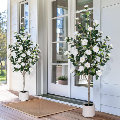 63 inch Artificial Camellia Tree with White Flower Pots -2 Pack White Fake Tree,5 Ft Faux Plants Indoor wich Blooming,Artificial Plants for Indoor & Outdoor Home Front Door Decor