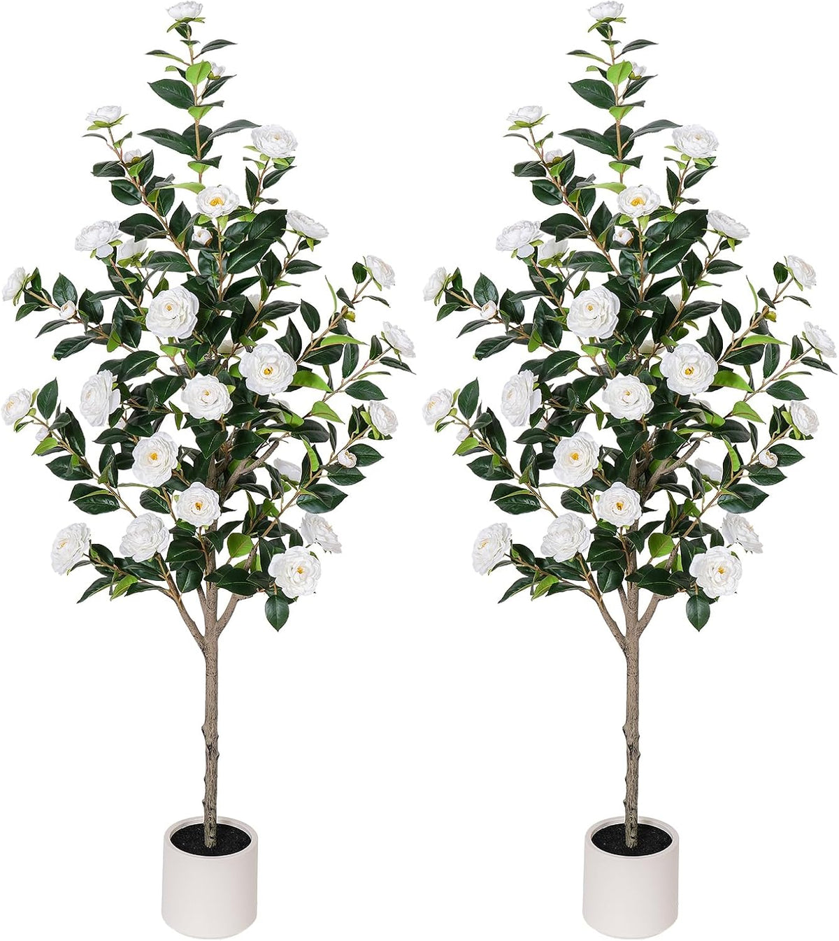 63 inch Artificial Camellia Tree with White Flower Pots -2 Pack White Fake Tree,5 Ft Faux Plants Indoor wich Blooming,Artificial Plants for Indoor & Outdoor Home Front Door Decor