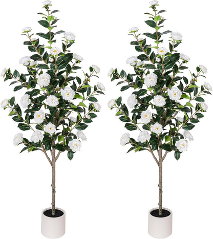 63 inch Artificial Camellia Tree with White Flower Pots -2 Pack White Fake Tree,5 Ft Faux Plants Indoor wich Blooming,Artificial Plants for Indoor & Outdoor Home Front Door Decor