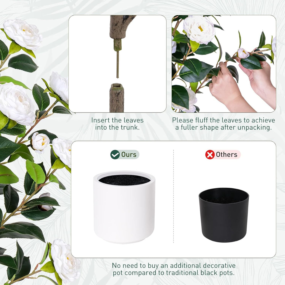 63 inch Artificial Camellia Tree with White Flower Pots -2 Pack White Fake Tree,5 Ft Faux Plants Indoor wich Blooming,Artificial Plants for Indoor & Outdoor Home Front Door Decor