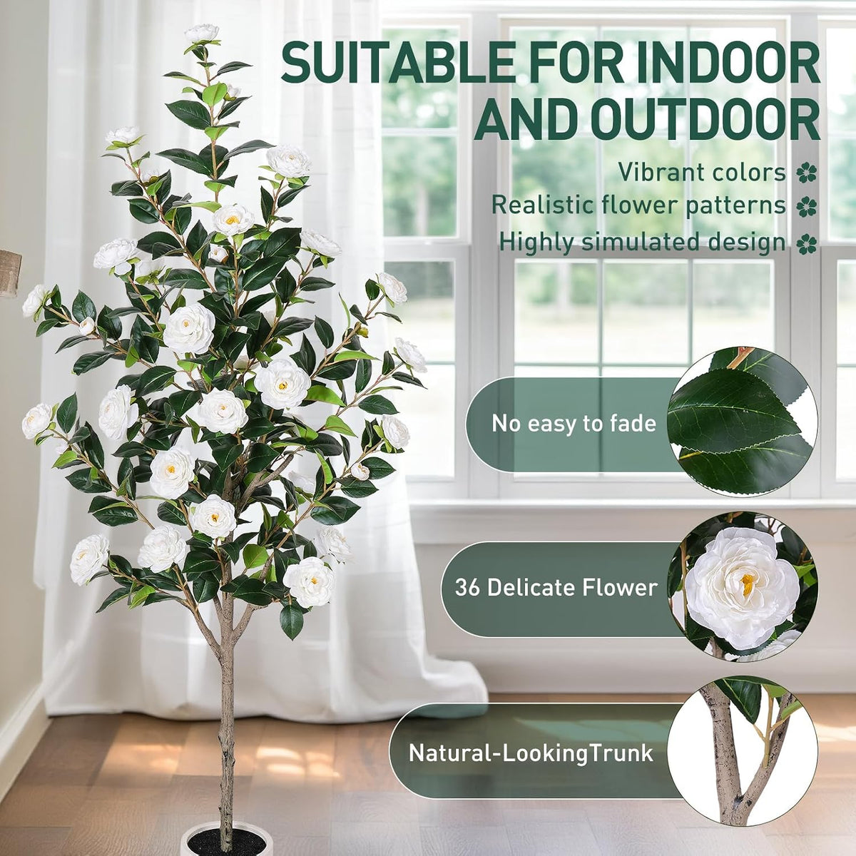 63 inch Artificial Camellia Tree with White Flower Pots -2 Pack White Fake Tree,5 Ft Faux Plants Indoor wich Blooming,Artificial Plants for Indoor & Outdoor Home Front Door Decor