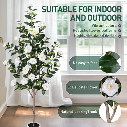 63 inch Artificial Camellia Tree with White Flower Pots -2 Pack White Fake Tree,5 Ft Faux Plants Indoor wich Blooming,Artificial Plants for Indoor & Outdoor Home Front Door Decor