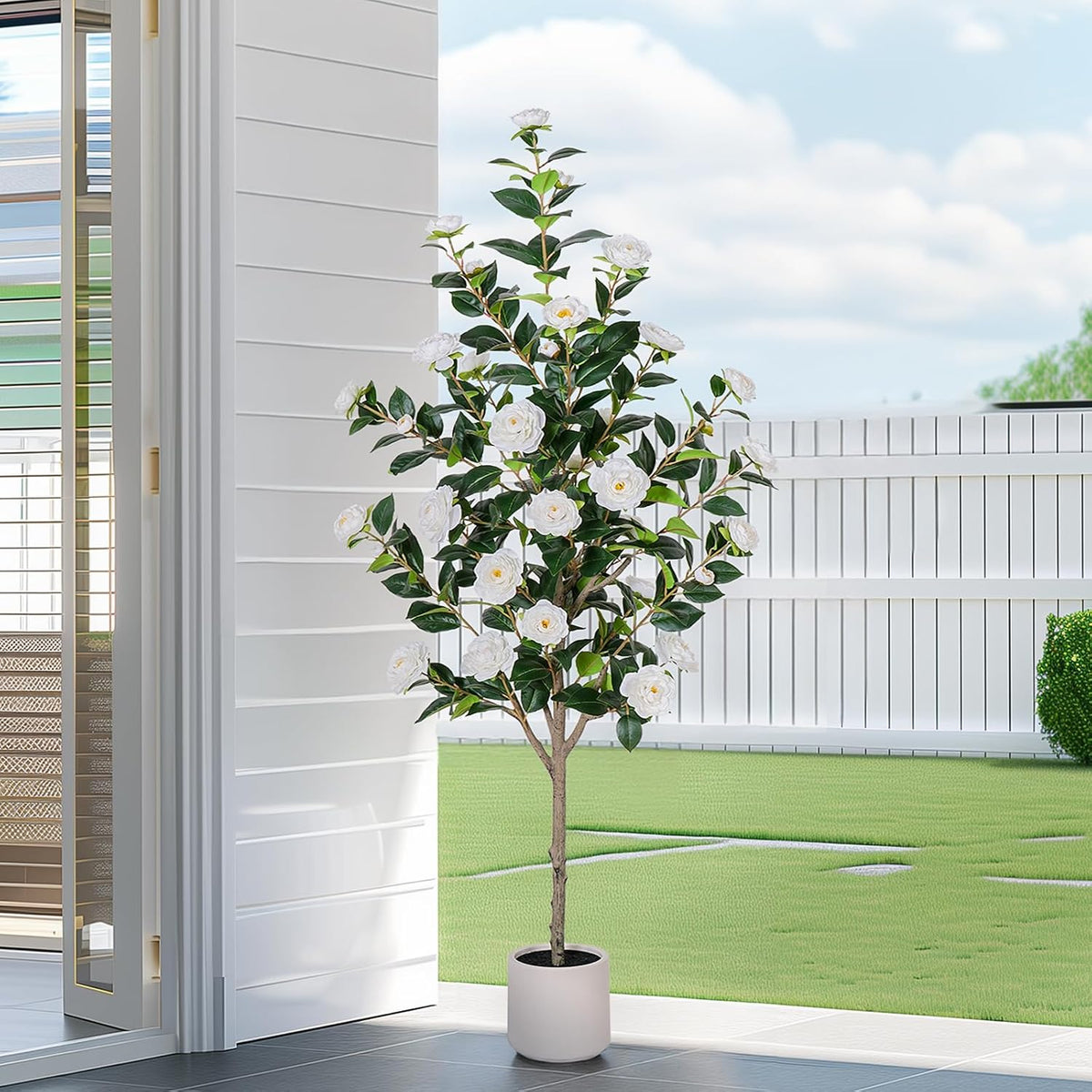 63 inch Artificial Camellia Tree with White Flower Pots -2 Pack White Fake Tree,5 Ft Faux Plants Indoor wich Blooming,Artificial Plants for Indoor & Outdoor Home Front Door Decor