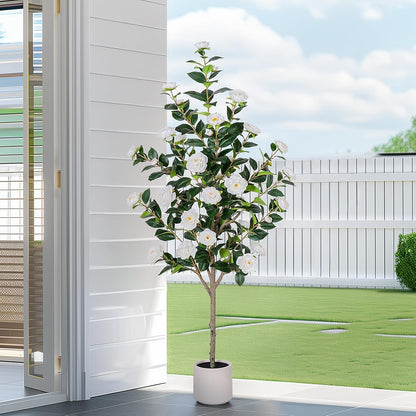 63 inch Artificial Camellia Tree with White Flower Pots -2 Pack White Fake Tree,5 Ft Faux Plants Indoor wich Blooming,Artificial Plants for Indoor & Outdoor Home Front Door Decor