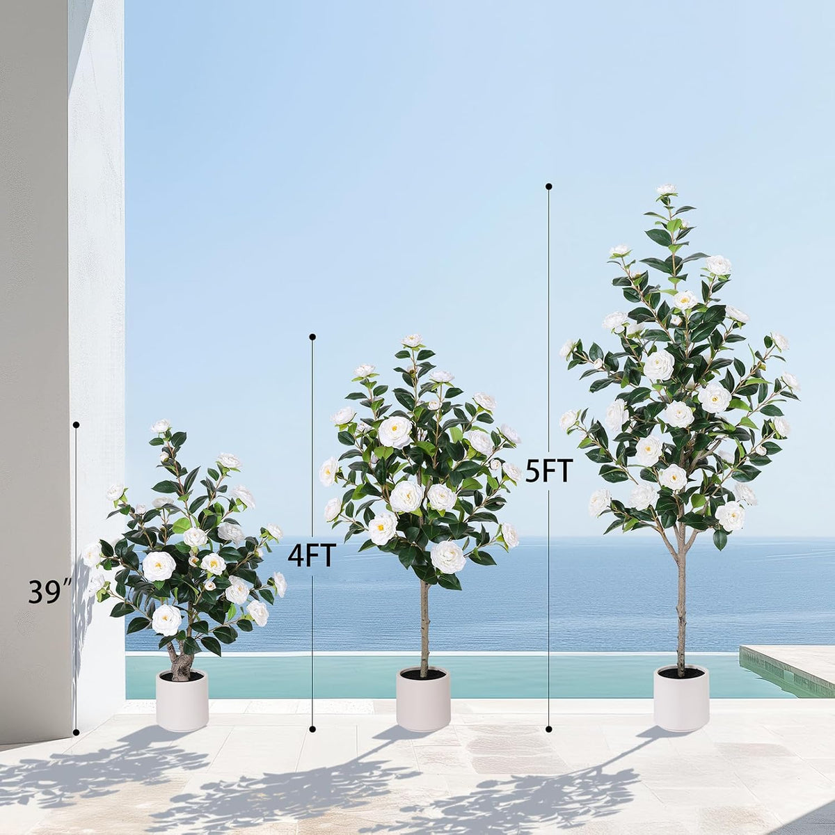 63 inch Artificial Camellia Tree with White Flower Pots -2 Pack White Fake Tree,5 Ft Faux Plants Indoor wich Blooming,Artificial Plants for Indoor & Outdoor Home Front Door Decor