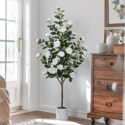 63 inch Artificial Camellia Tree with White Flower Pots -2 Pack White Fake Tree,5 Ft Faux Plants Indoor wich Blooming,Artificial Plants for Indoor & Outdoor Home Front Door Decor