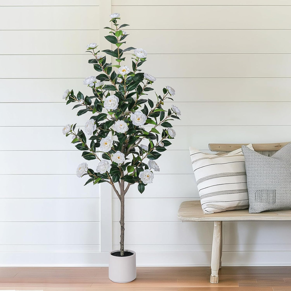 63 inch Artificial Camellia Tree with White Flower Pots -2 Pack White Fake Tree,5 Ft Faux Plants Indoor wich Blooming,Artificial Plants for Indoor & Outdoor Home Front Door Decor