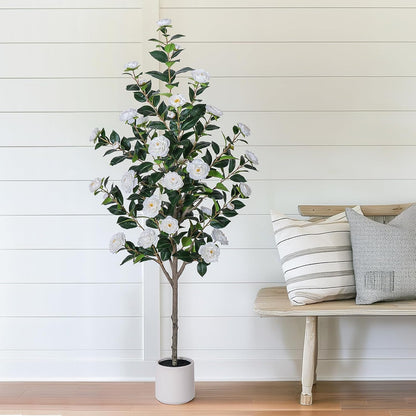 63 inch Artificial Camellia Tree with White Flower Pots -2 Pack White Fake Tree,5 Ft Faux Plants Indoor wich Blooming,Artificial Plants for Indoor & Outdoor Home Front Door Decor