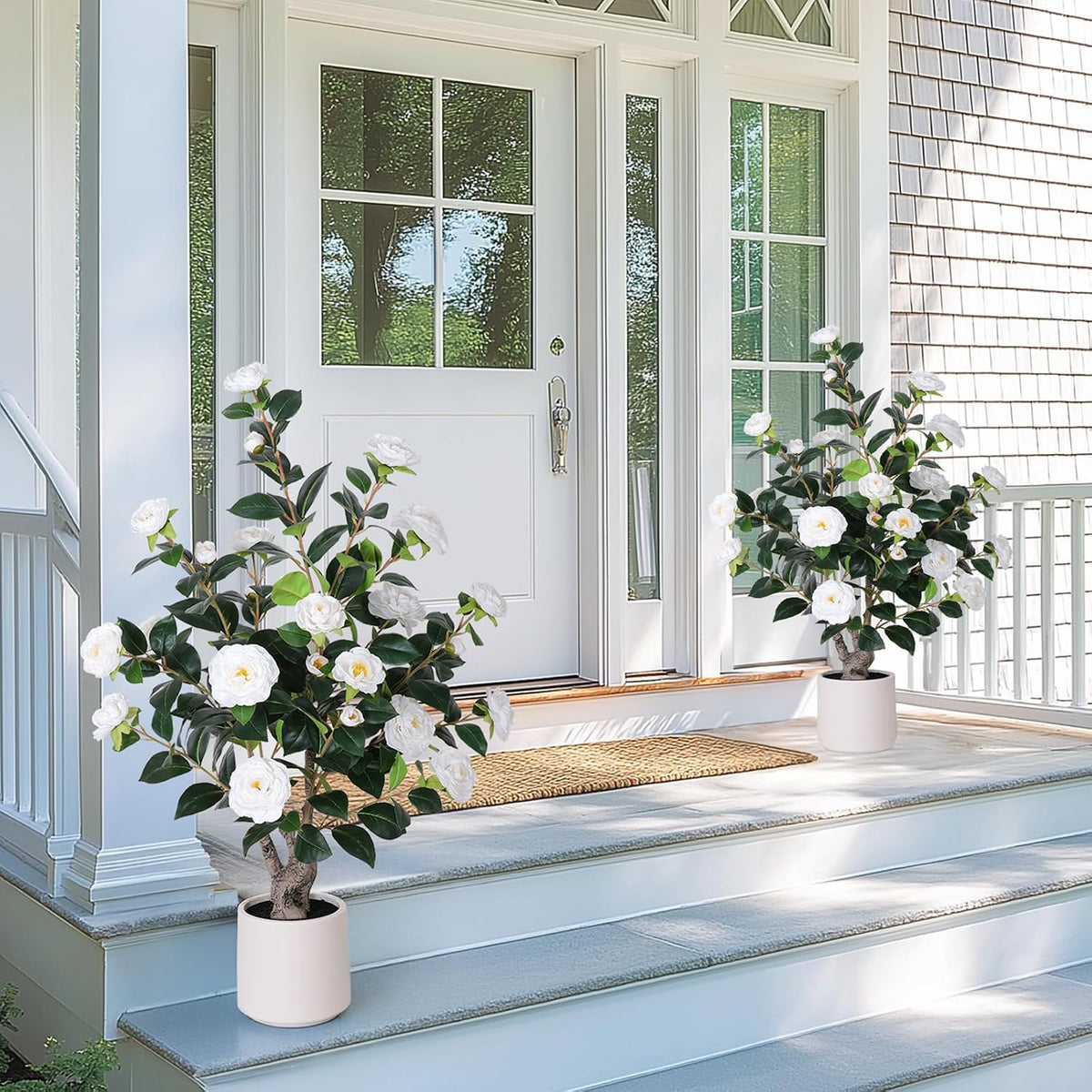 63 inch Artificial Camellia Tree with White Flower Pots -2 Pack White Fake Tree,5 Ft Faux Plants Indoor wich Blooming,Artificial Plants for Indoor & Outdoor Home Front Door Decor