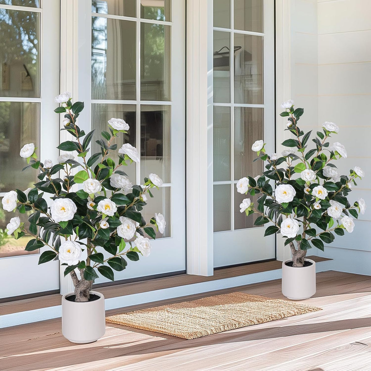 63 inch Artificial Camellia Tree with White Flower Pots -2 Pack White Fake Tree,5 Ft Faux Plants Indoor wich Blooming,Artificial Plants for Indoor & Outdoor Home Front Door Decor