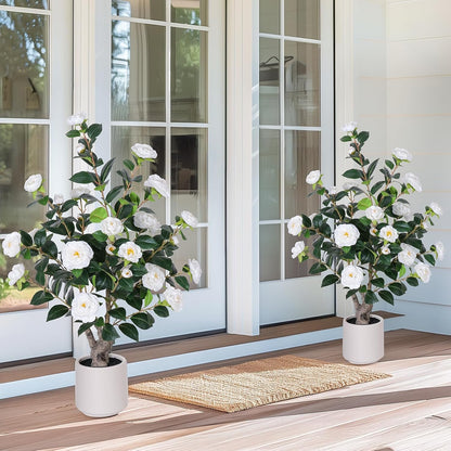 63 inch Artificial Camellia Tree with White Flower Pots -2 Pack White Fake Tree,5 Ft Faux Plants Indoor wich Blooming,Artificial Plants for Indoor & Outdoor Home Front Door Decor