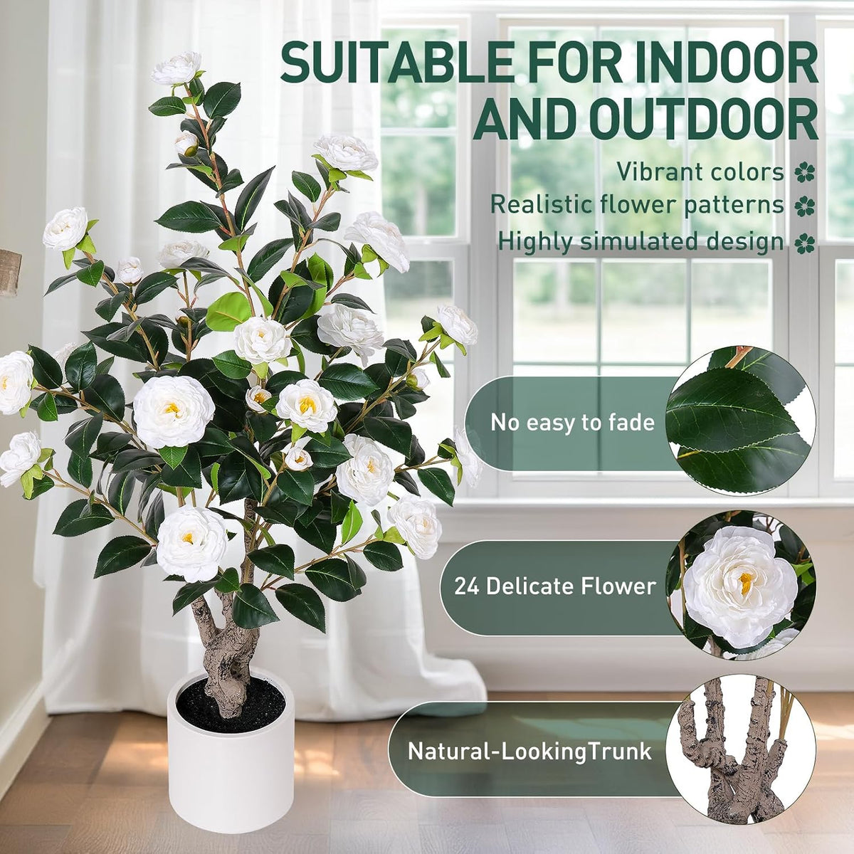 63 inch Artificial Camellia Tree with White Flower Pots -2 Pack White Fake Tree,5 Ft Faux Plants Indoor wich Blooming,Artificial Plants for Indoor & Outdoor Home Front Door Decor
