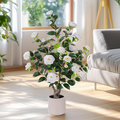 63 inch Artificial Camellia Tree with White Flower Pots -2 Pack White Fake Tree,5 Ft Faux Plants Indoor wich Blooming,Artificial Plants for Indoor & Outdoor Home Front Door Decor