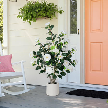 63 inch Artificial Camellia Tree with White Flower Pots -2 Pack White Fake Tree,5 Ft Faux Plants Indoor wich Blooming,Artificial Plants for Indoor & Outdoor Home Front Door Decor