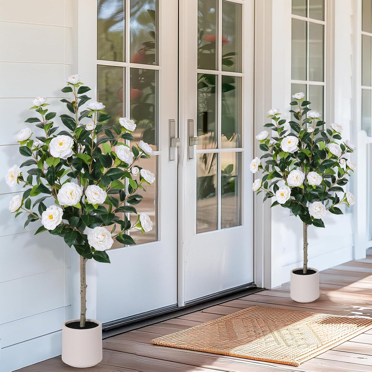 63 inch Artificial Camellia Tree with White Flower Pots -2 Pack White Fake Tree,5 Ft Faux Plants Indoor wich Blooming,Artificial Plants for Indoor & Outdoor Home Front Door Decor
