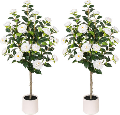 63 inch Artificial Camellia Tree with White Flower Pots -2 Pack White Fake Tree,5 Ft Faux Plants Indoor wich Blooming,Artificial Plants for Indoor & Outdoor Home Front Door Decor