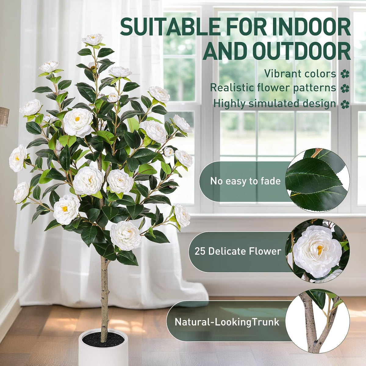63 inch Artificial Camellia Tree with White Flower Pots -2 Pack White Fake Tree,5 Ft Faux Plants Indoor wich Blooming,Artificial Plants for Indoor & Outdoor Home Front Door Decor