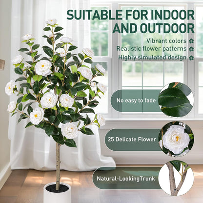 63 inch Artificial Camellia Tree with White Flower Pots -2 Pack White Fake Tree,5 Ft Faux Plants Indoor wich Blooming,Artificial Plants for Indoor & Outdoor Home Front Door Decor
