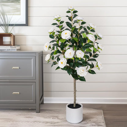63 inch Artificial Camellia Tree with White Flower Pots -2 Pack White Fake Tree,5 Ft Faux Plants Indoor wich Blooming,Artificial Plants for Indoor & Outdoor Home Front Door Decor