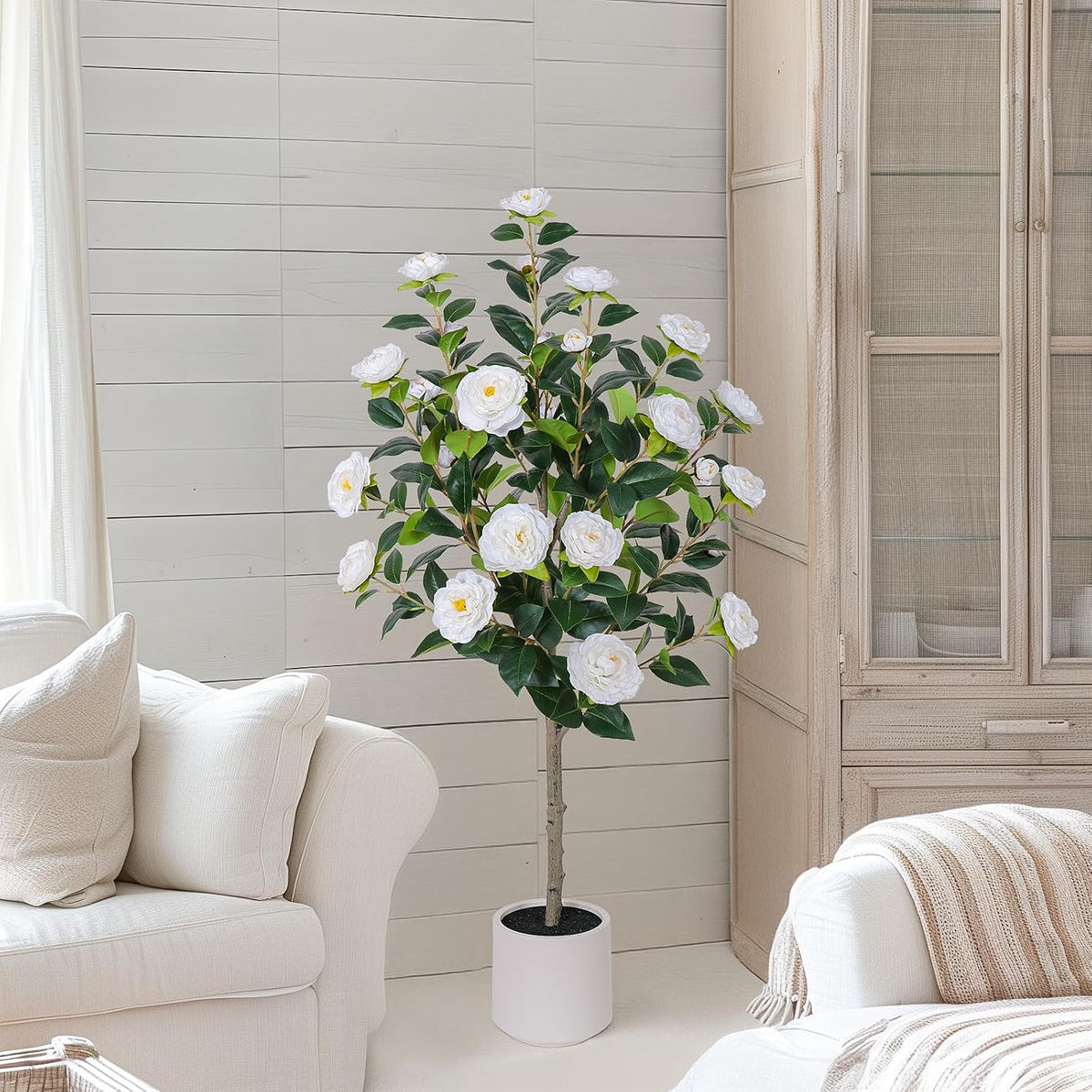 63 inch Artificial Camellia Tree with White Flower Pots -2 Pack White Fake Tree,5 Ft Faux Plants Indoor wich Blooming,Artificial Plants for Indoor & Outdoor Home Front Door Decor