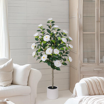 63 inch Artificial Camellia Tree with White Flower Pots -2 Pack White Fake Tree,5 Ft Faux Plants Indoor wich Blooming,Artificial Plants for Indoor & Outdoor Home Front Door Decor