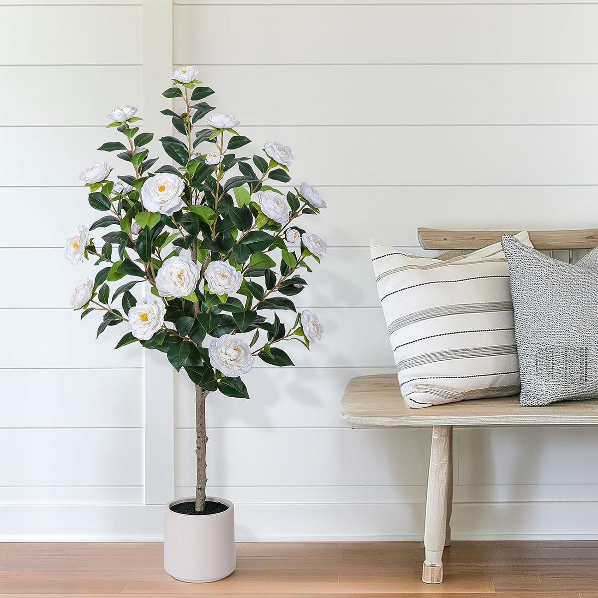 63 inch Artificial Camellia Tree with White Flower Pots -2 Pack White Fake Tree,5 Ft Faux Plants Indoor wich Blooming,Artificial Plants for Indoor & Outdoor Home Front Door Decor