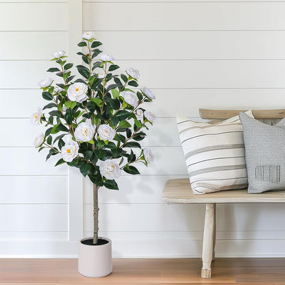 63 inch Artificial Camellia Tree with White Flower Pots -2 Pack White Fake Tree,5 Ft Faux Plants Indoor wich Blooming,Artificial Plants for Indoor & Outdoor Home Front Door Decor