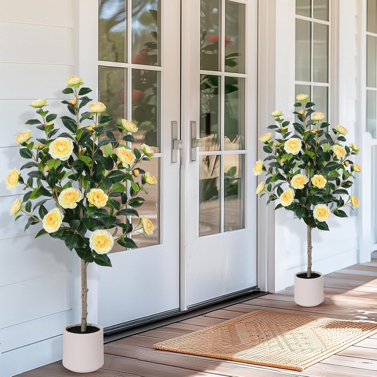 63 inch Artificial Camellia Tree with White Flower Pots -2 Pack White Fake Tree,5 Ft Faux Plants Indoor wich Blooming,Artificial Plants for Indoor & Outdoor Home Front Door Decor
