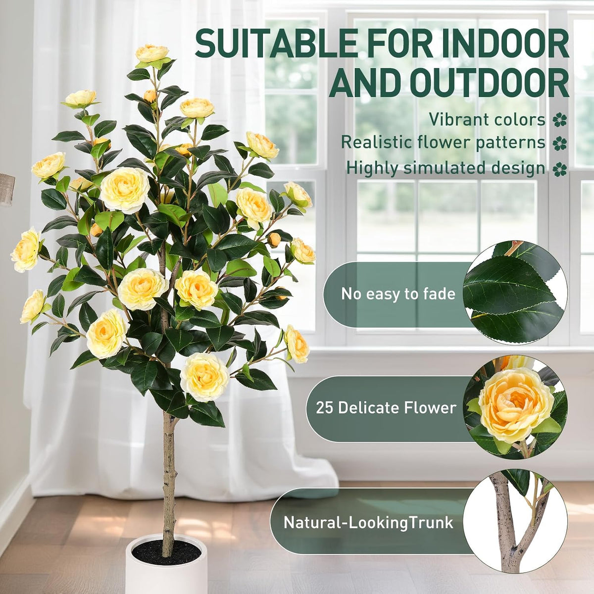 63 inch Artificial Camellia Tree with White Flower Pots -2 Pack White Fake Tree,5 Ft Faux Plants Indoor wich Blooming,Artificial Plants for Indoor & Outdoor Home Front Door Decor