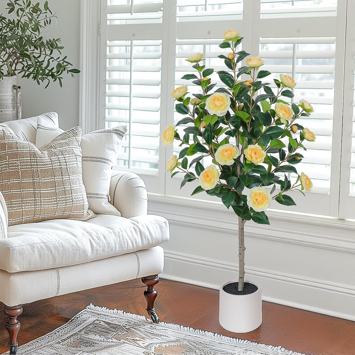 63 inch Artificial Camellia Tree with White Flower Pots -2 Pack White Fake Tree,5 Ft Faux Plants Indoor wich Blooming,Artificial Plants for Indoor & Outdoor Home Front Door Decor