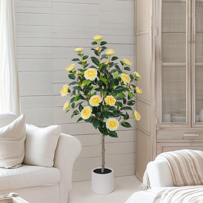 63 inch Artificial Camellia Tree with White Flower Pots -2 Pack White Fake Tree,5 Ft Faux Plants Indoor wich Blooming,Artificial Plants for Indoor & Outdoor Home Front Door Decor