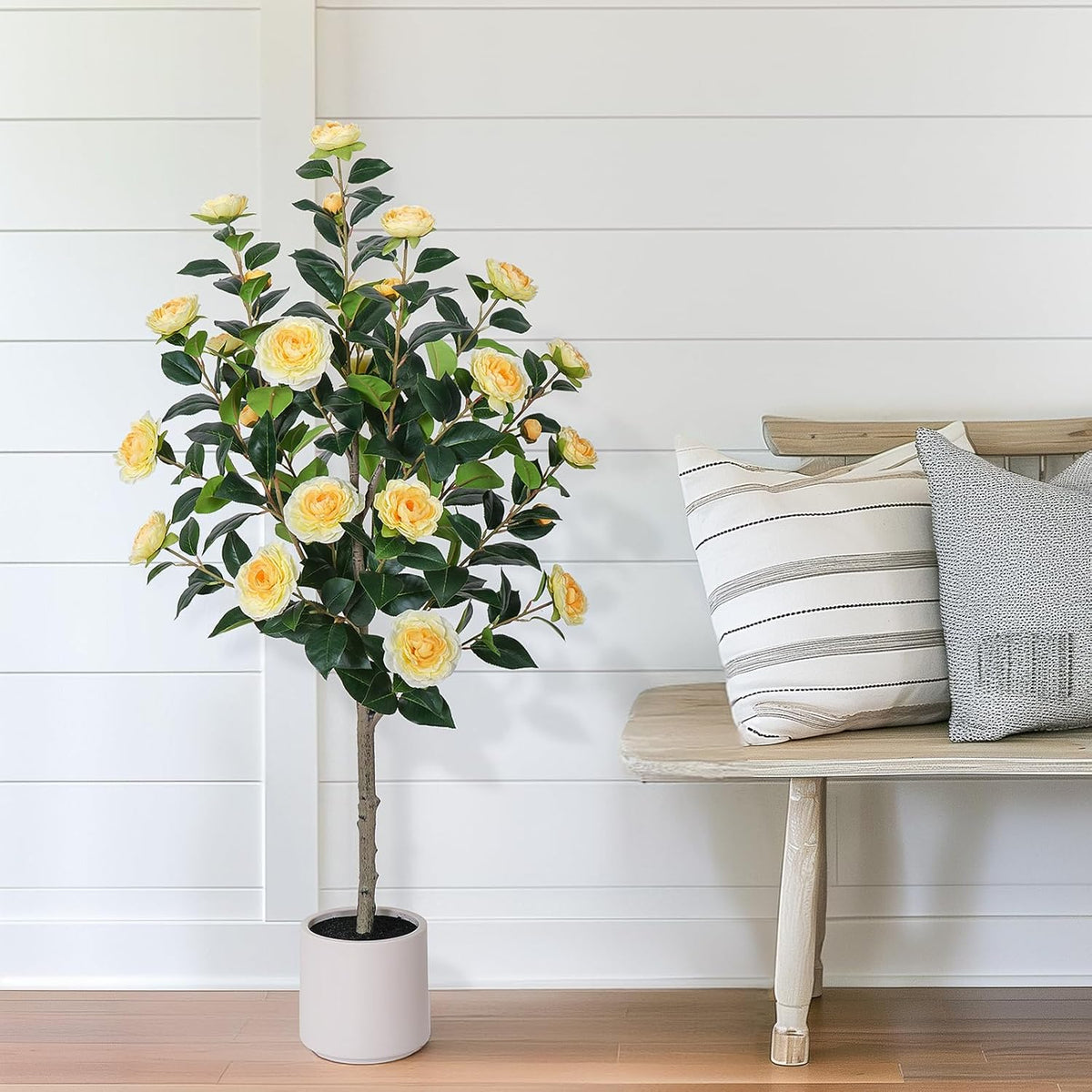 63 inch Artificial Camellia Tree with White Flower Pots -2 Pack White Fake Tree,5 Ft Faux Plants Indoor wich Blooming,Artificial Plants for Indoor & Outdoor Home Front Door Decor