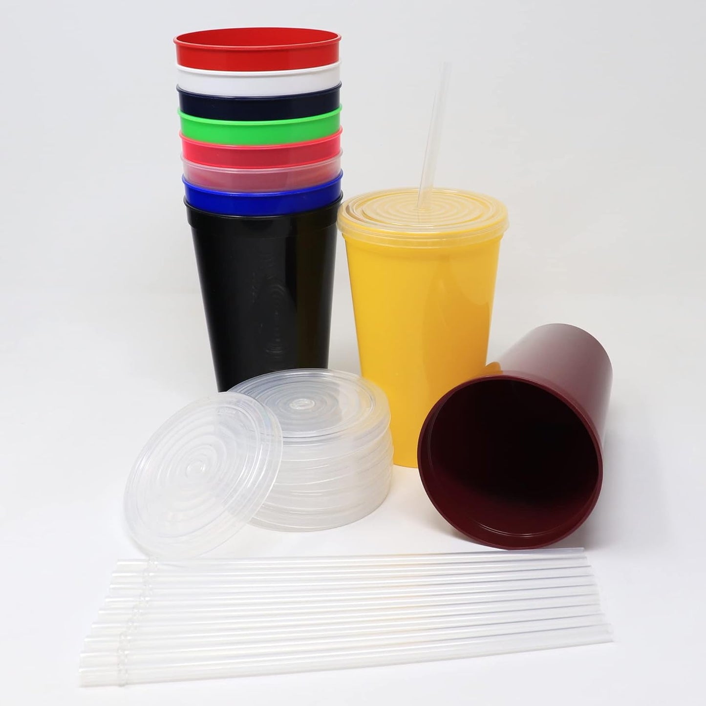 22 oz Reusable Plastic Cups with Lids, 10 Pack, USA Made Yellow Tumblers; Includes 10 Reusable Straws; Dishwasher Safe