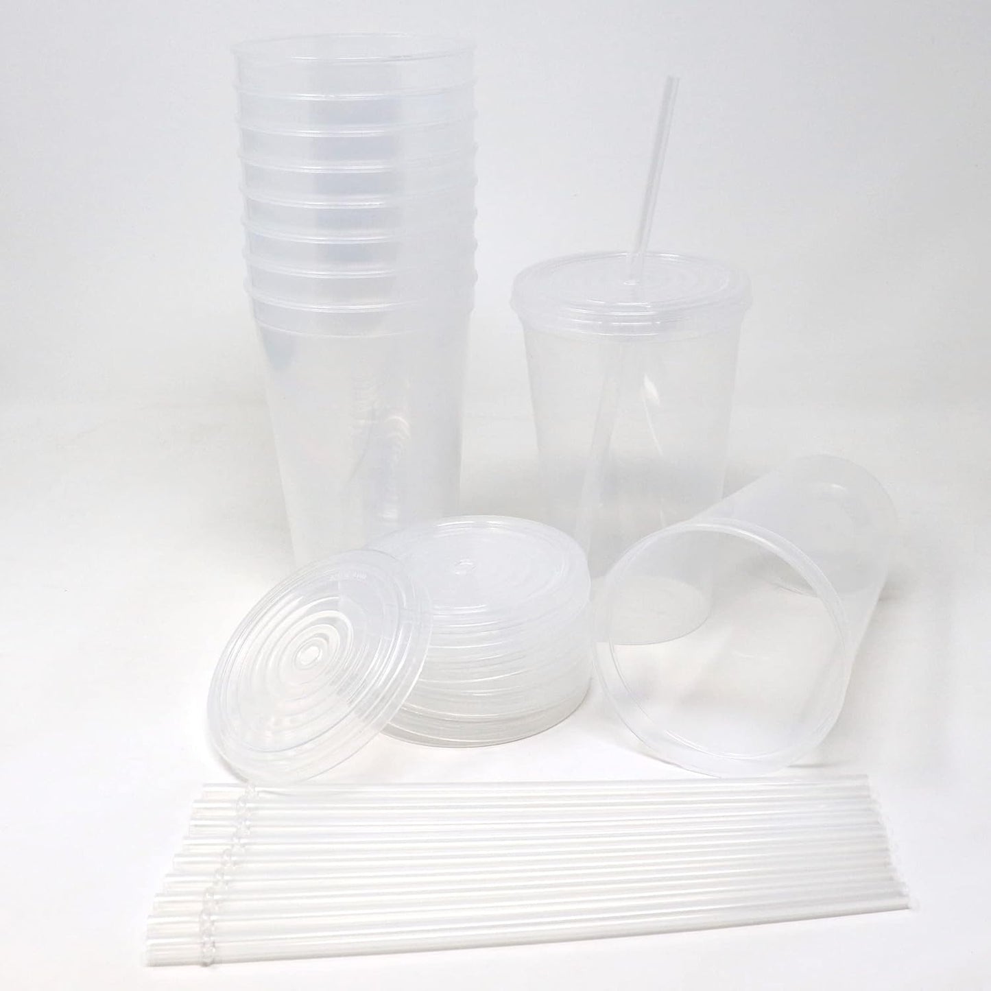 22 oz Reusable Plastic Cups with Lids, 10 Pack, USA Made Yellow Tumblers; Includes 10 Reusable Straws; Dishwasher Safe