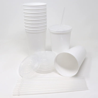22 oz Reusable Plastic Cups with Lids, 10 Pack, USA Made Yellow Tumblers; Includes 10 Reusable Straws; Dishwasher Safe