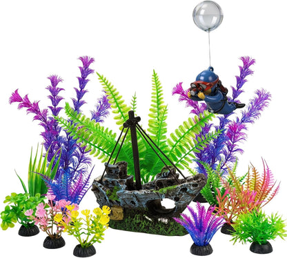 Fish Tank Decorations & Aquarium Plastic Plants Accessories Set