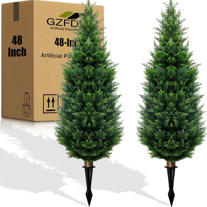 4Ft Artificial Cedar Topiary Trees (2-Pack) - UV Resistant Fake Shrubs with Ground Spike for Outdoor & Indoor Use, Front Porch, Garden Decor