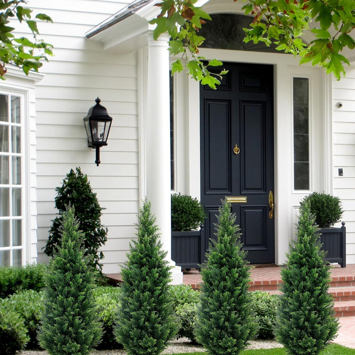 4Ft Artificial Cedar Topiary Trees (2-Pack) - UV Resistant Fake Shrubs with Ground Spike for Outdoor & Indoor Use, Front Porch, Garden Decor