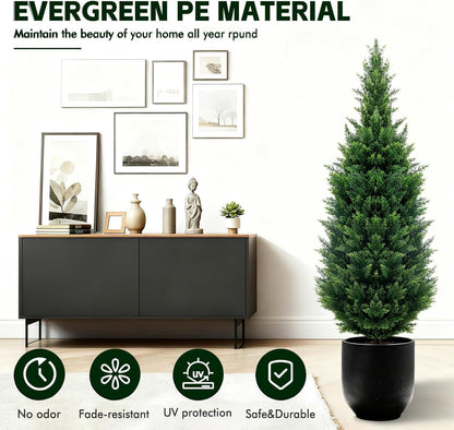 4Ft Artificial Cedar Topiary Trees (2-Pack) - UV Resistant Fake Shrubs with Ground Spike for Outdoor & Indoor Use, Front Porch, Garden Decor