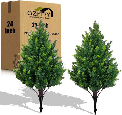 4Ft Artificial Cedar Topiary Trees (2-Pack) - UV Resistant Fake Shrubs with Ground Spike for Outdoor & Indoor Use, Front Porch, Garden Decor