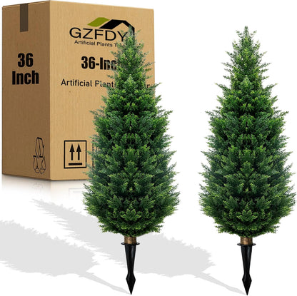 4Ft Artificial Cedar Topiary Trees (2-Pack) - UV Resistant Fake Shrubs with Ground Spike for Outdoor & Indoor Use, Front Porch, Garden Decor