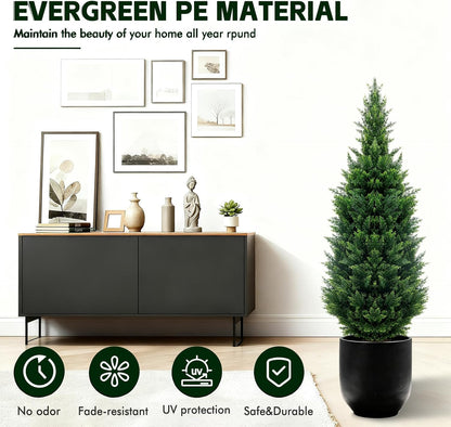 4Ft Artificial Cedar Topiary Trees (2-Pack) - UV Resistant Fake Shrubs with Ground Spike for Outdoor & Indoor Use, Front Porch, Garden Decor