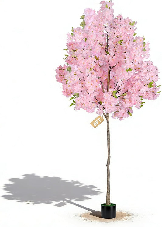 6FT Artificial Cherry Blossom Tree, Fake Pink Sakura Tree, Realistic Faux Blossom Tree for Indoor Outdoor Decor, Wedding Party Garden Home Office Decoration